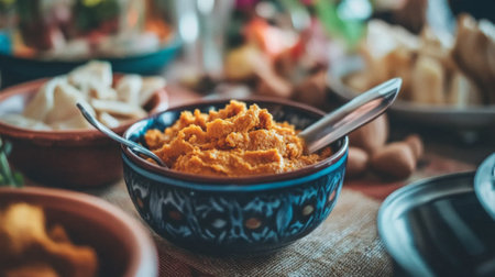 A vibrant bowl of spread sits amidst a beautifully arranged table, showcasing a delightful mix of colors and textures perfect for any gathering.の素材