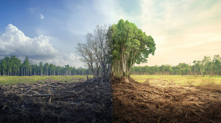 This image captures the stark contrast between a deforested area and a thriving forest. It highlights the impact of environmental change on nature's beauty and resilience.の素材