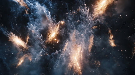 Stunning fireworks burst in a night sky, creating a mesmerizing display of light and color. Ideal for celebrations, events, and festive occasions.の素材