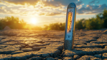 A temperature gauge stands firmly on cracked earth as the sun sets, casting warm light over a dry landscape, symbolizing climate and environmental changes.の素材
