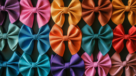A vibrant collection of ribbon bows in various colors showcases creativity and charm. Ideal for crafting, decorating, or fashion accessories.の素材