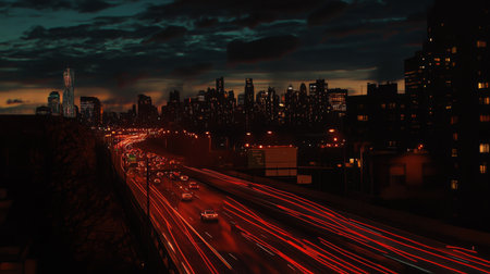 A vibrant city skyline at dusk showcases flowing traffic lights on a busy highway. The long exposure creates a stunning contrast against the evening clouds.の素材