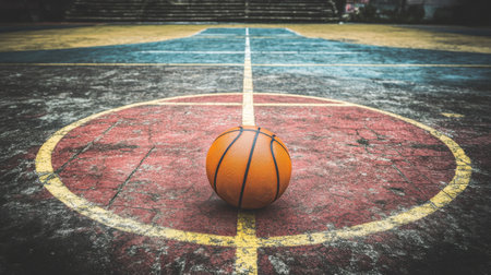A vibrant orange basketball rests on a colorful outdoor court, emphasizing sports and activity. The worn texture and faded lines tell a story of past games.の素材