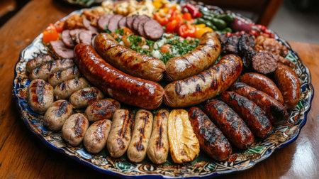A vibrant display of assorted grilled sausages arranged on an ornate platter, showcasing a variety of flavors and textures perfect for gatherings or outdoor dining.の素材