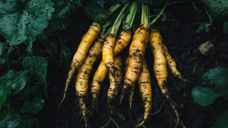 A vibrant group of freshly harvested yellow carrots resting in rich, dark soil, showcasing the beauty of organic farming and healthy eating.の素材