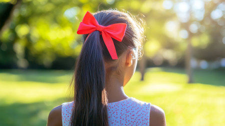 A young girl with a bright red bow enjoys a sunny day in a lush outdoor park. The scene captures innocence and joy as she gazes into nature.の素材
