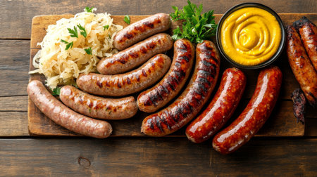 A visually appealing arrangement of assorted grilled sausages served with sauerkraut and mustard, perfect for barbecues, picnics, and hearty meals.の素材