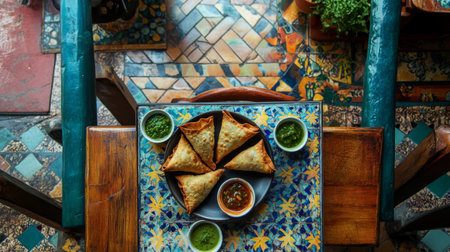 A vibrant display of samosas on a decorative plate with flavorful green dipping sauces, set on a colorful tiled table, perfect for food lovers.の素材