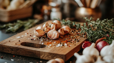 A visually appealing arrangement of fresh garlic, colorful spices, and herbs on a rustic wooden cutting board, ideal for culinary themes and cooking inspiration.の素材