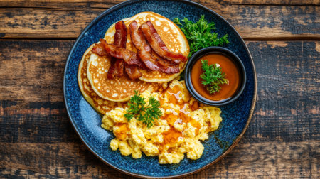 A vibrant breakfast plate featuring fluffy pancakes, crispy bacon, and creamy scrambled eggs, garnished with fresh herbs and served with syrup. Perfect for brunch!の素材