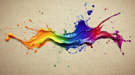 Dynamic splash of colorful paint on a textured canvas background, perfect for artistic projects, creative designs, or colorful decorations.の素材