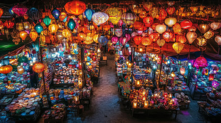 Explore a vibrant night market filled with colorful lanterns and lively stalls, creating a festive atmosphere perfect for cultural immersion and shopping.の素材