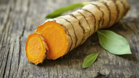 Bright orange turmeric root resting on a rustic wooden table, showcasing its vibrant color and natural textures, perfect for healthy cooking and wellness.の素材