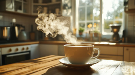 A serene image of a warm cup of coffee emitting steam in a sunlit kitchen. The inviting atmosphere captures the essence of morning comfort and relaxation.の素材