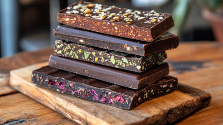 A delightful arrangement of assorted chocolate bars stacked on a wooden board. This image showcases a variety of textures and colors, perfect for dessert lovers.の素材