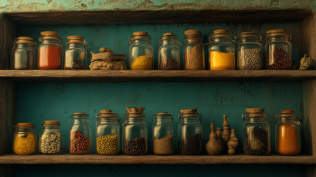 A beautiful arrangement of colorful spice jars on a rustic wooden shelf. This image captures the essence of natural cooking ingredients, perfect for culinary design.の素材