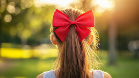 A young girl wears a vibrant red bow in her hair while enjoying a serene moment in nature, surrounded by soft light and lush greenery.の素材