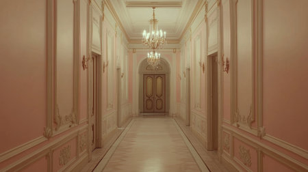 An elegant hallway showcasing soft pink walls, intricate moldings, and stunning chandeliers, creating a luxurious and inviting atmosphere for any interior design project.の素材