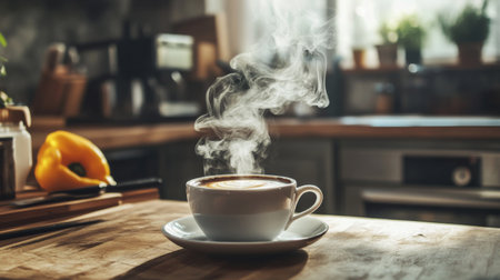 A steaming cup of coffee rests on a wooden table in a cozy kitchen, inviting warmth and relaxation. Sunlight filters through the window, enhancing the tranquil atmosphere.の素材
