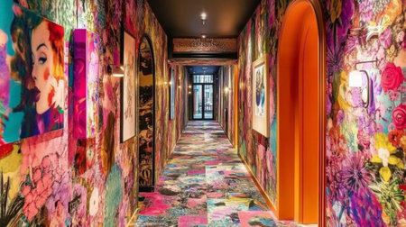 A stunning hotel corridor featuring vibrant artwork and colorful decor. The lively pattern and unique design create a welcoming and artistic atmosphere.の素材