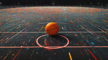 A vibrant basketball court featuring an orange ball set against a dynamic, colorful background, capturing the energy of athletic competition and sport.の素材