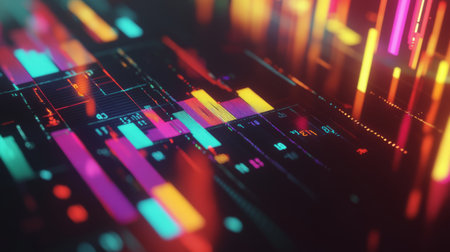Dynamic abstract visualization featuring colorful graphs and data elements. Perfect for technology, analytics, and business themes in digital media.の素材