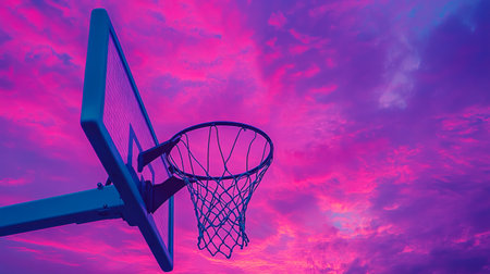 A striking basketball hoop silhouette against a vibrant, colorful sky at dusk, capturing the essence of sport and beauty in nature. Perfect for inspirational themes.の素材