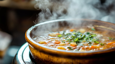 A steaming bowl of savory soup in a ceramic pot, filled with vibrant vegetables and fresh herbs. Perfect for conveying warmth and comfort in meal settings.の素材