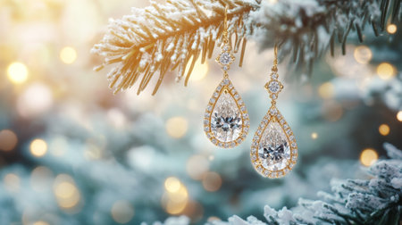 Stunning pair of elegant earrings adorned with crystals, hanging gracefully on a snowy pine branch, creating a beautiful winter scene filled with sparkle.の素材
