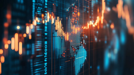 This abstract image presents a digital visualization of financial data, featuring charts and graphs that depict market trends and economic fluctuations. Perfect for finance-related projects.の素材