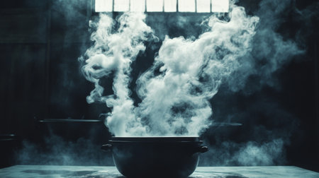 A dark, rustic kitchen scene featuring a pot emanating mysterious steam. The swirling vapor creates an alluring ambiance perfect for culinary inspiration.の素材