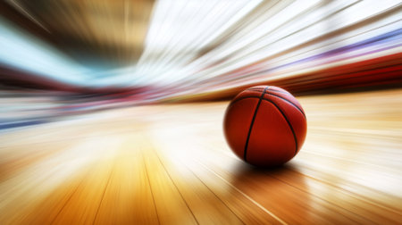 A vibrant image capturing a basketball in motion on a wooden court, showcasing the energy and excitement of the game. Perfect for sports-related projects.の素材