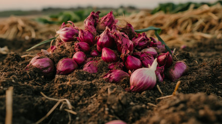 A close-up view of freshly harvested red onions lying in rich soil, showcasing the beauty of organic farming and the richness of earth's produce.の素材