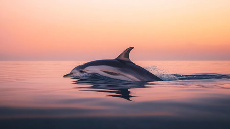 A dolphin gracefully swims through calm waters during a stunning sunset, creating a serene and peaceful atmosphere in a beautiful ocean landscape.の素材