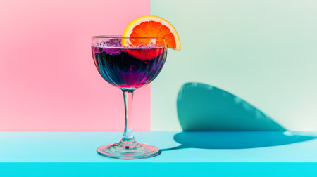 A stylish cocktail garnished with orange sits elegantly on a colorful backdrop of pink and blue, perfect for summer celebrations or vibrant parties.の素材