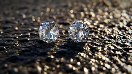 Two sparkling diamonds illuminate a textured surface, showcasing brilliance and luxury. Perfect for jewelry, beauty, and elegance-themed projects.の素材