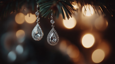 Delicate teardrop earrings dangle gracefully with a soft bokeh background, perfect for showcasing elegance and beauty in festive settings.の素材