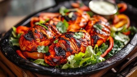 Savory grilled chicken served with colorful vegetables on a rustic plate, garnished with fresh herbs, perfect for summer meals or gatherings.の素材