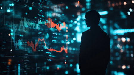 A silhouette of a businessman observing digital data visualizations. The scene showcases graphs and metrics glowing in a futuristic workspace, highlighting analysis and innovation.の素材