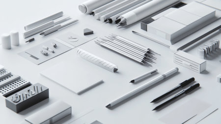 This image showcases a minimalistic arrangement of various stationery items, perfect for creative projects or office environments, emphasizing simplicity and functionality.の素材