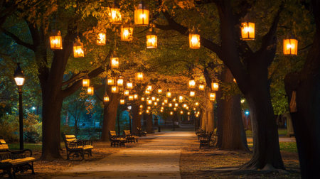 A picturesque park path adorned with glowing lanterns, showcasing the beauty of autumn foliage and creating a serene, inviting atmosphere for evening strolls.の素材