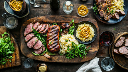 A vibrant arrangement of grilled meats and flavorful sides on a rustic wooden table. Perfect for showcasing delicious home-cooked meals and gatherings.の素材