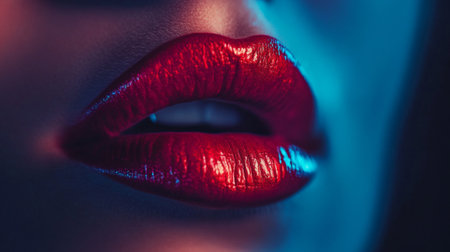 This close-up image captures glossy red lips that reflect light beautifully, embodying glamour and seduction. Ideal for beauty and fashion themes.の素材