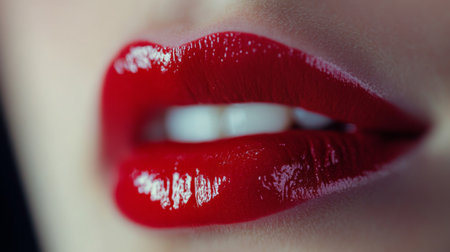 Close-up image of glossy red lips highlighting beauty and glamour. The vibrant color and shine evoke a sense of confidence and modern elegance. Perfect for beauty-themed projects.の素材