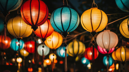 A vibrant display of colorful paper lanterns glowing brightly in the night sky, creating a festive and charming atmosphere for evening celebrations.の素材