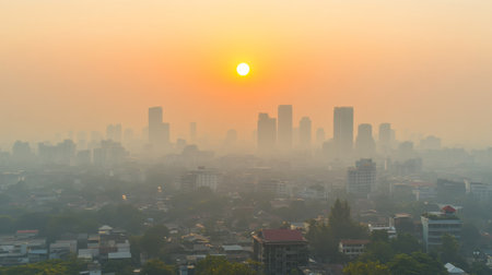 A beautiful sunset casts an orange glow over a hazy city skyline, creating a serene yet atmospheric view. The silhouette of buildings adds to the urban landscape.の素材