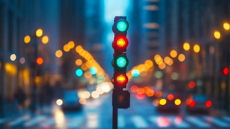 A vibrant traffic signal stands prominently in an urban street, surrounded by glowing bokeh lights and blurred vehicles, capturing the essence of city life.の素材