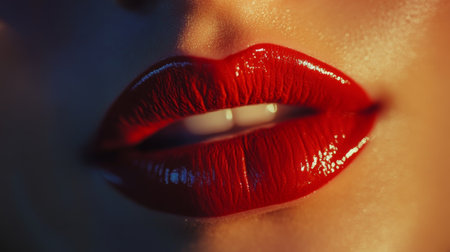 This close-up photo showcases bold red lips with a glossy finish, highlighting the beauty of makeup and cosmetic artistry. Perfect for beauty and fashion themes.の素材