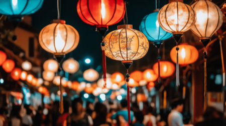 A vibrant night market scene adorned with colorful lanterns, creating a festive atmosphere. The warm glow enhances the joyful ambiance, attracting visitors.の素材