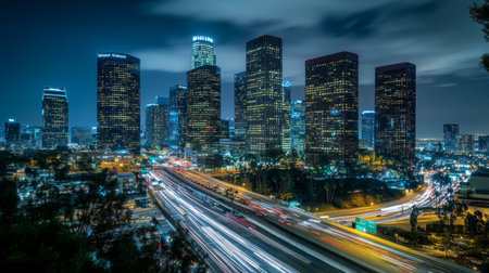Captivating cityscape of a bustling metropolis at night, showcasing tall buildings illuminated against the dark sky. Light trails from passing vehicles add dynamic energy to the scene.の素材